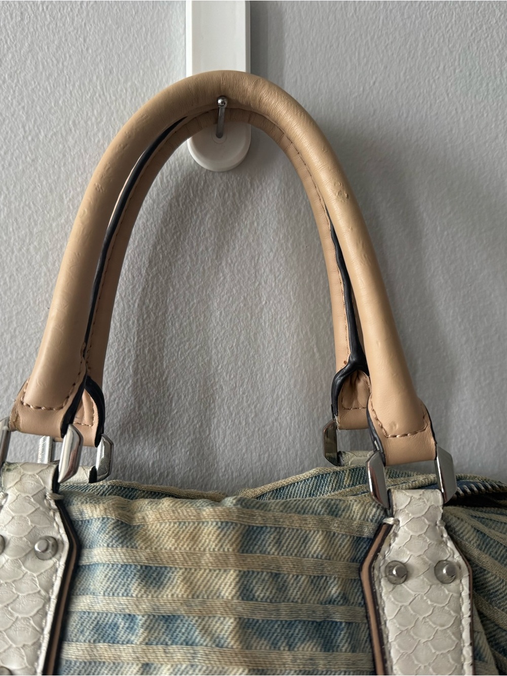 Guess Denim-Striped Light Blue Tote with Tan Handles - Picture 9 of 13